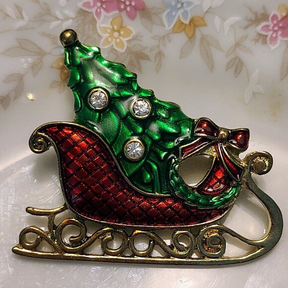 Vtg 40s 50s Eisenberg Ice Santa Sleigh, Christmas Tree Bow Brooch Signed 1.5" - Picture 2 of 5